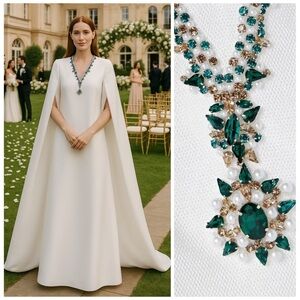 REEM ACRA gown XL white caftan cape maxi green crystal Mikado evening dress NWT